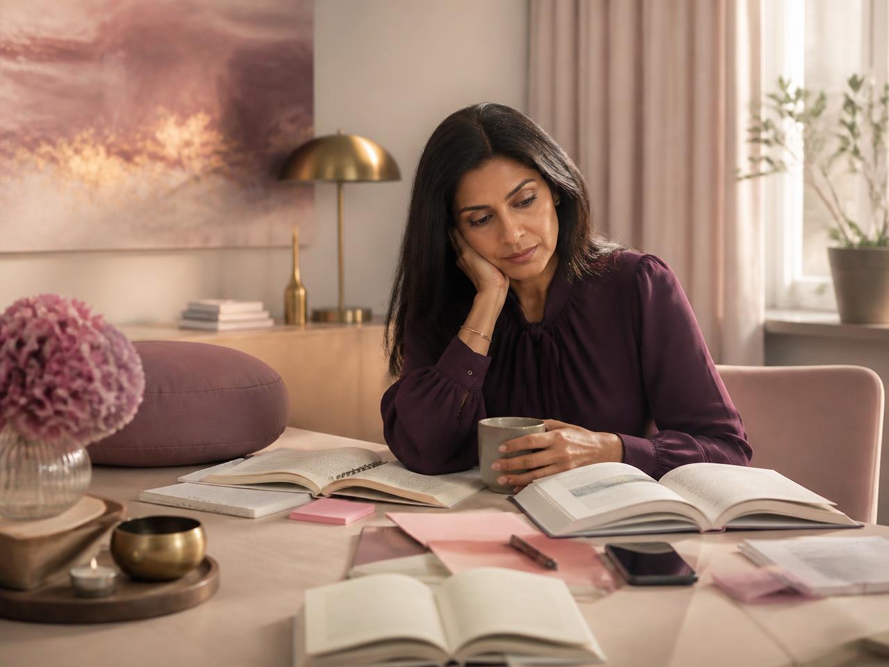 A woman overwhelmed by too many self-help approaches